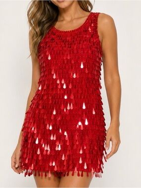 Jerry Beck Red Sequin Fringe Flapper Dress Costume Paillette vintage halloween M